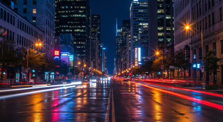 Obraz premium Vibrant Urban Cityscape at Night with Skyscrapers and Lights