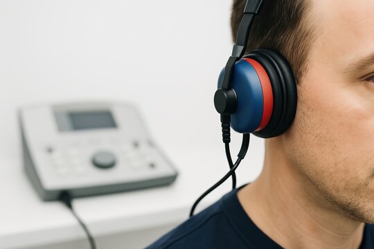 Man listens attentively with headphones during a hearing test in a clinical setting