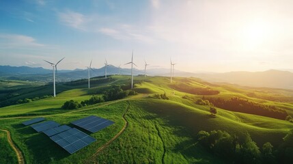 Renewable energy landscape wind turbines and solar panels on green hills under blue sky