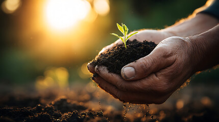 Fototapeta premium Hands cradling soil with a young plant bathed in golden sunlight seedling growth