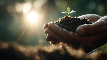 Hands holding fertile soil with a young plant bathed in golden sunlight seedling growth