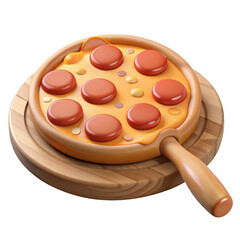3d pepperoni pizza on wooden peel isolated on transparent background