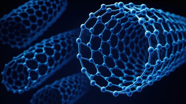 Carbon nanotubes shown in a detailed molecular structure with vibrant blue visualization