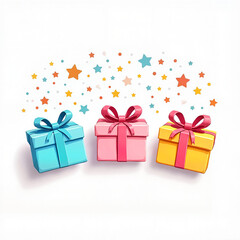 Fototapeta premium Colorful gift boxes with ribbons and scattered stars on white background 