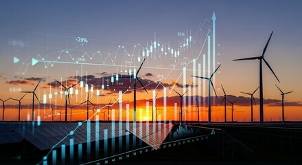 Sustainable energy investments showing growth potential with wind turbines and solar panels at sunset