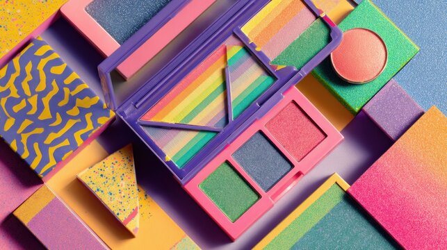 Retro 80s Themed Makeup Set Featuring Vibrant Geometric Shadows and Colorful Powders on a Creative Backdrop, Ideal for Bold Makeup Enthusiasts