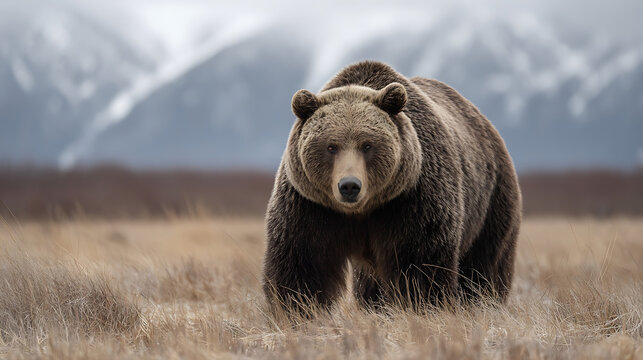 Majestic brown bear stands in dry grass with mountains in the background grizzly bear wildlife