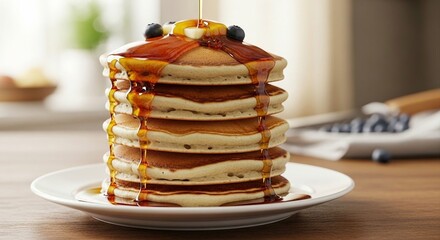 Indulge in a fluffy pancake stack drizzled with sweet syrup and topped with fresh blueberries