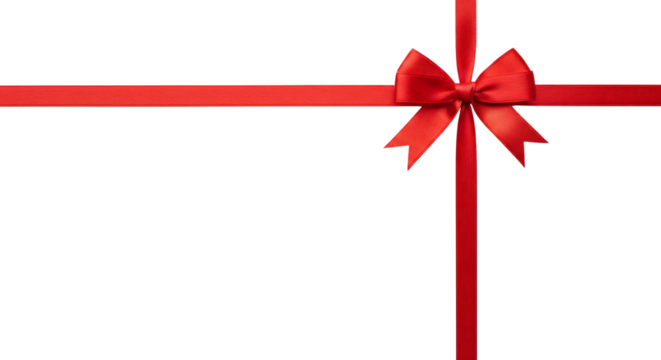 Red gift bow and ribbon for holiday present wrapping, horizontal layout. Isolated on transparent background, png