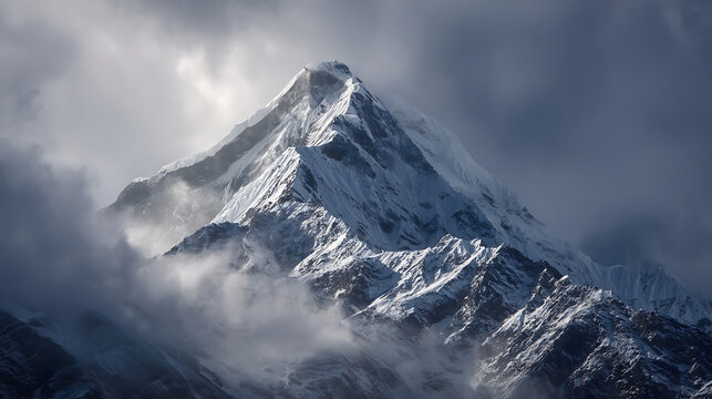 Majestic snow covered mountain peak shrouded in dramatic clouds image