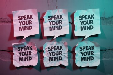 Six speech bubbles with speak your mind message on textured background