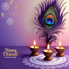 Peacock Feather with Traditional Diwali Diyas and Mandala, Elegant Indian Festival of Lights Greeting Card, AI-Generated