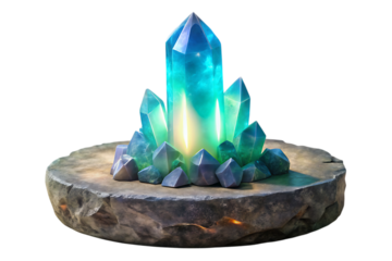 Cluster of glowing blue and green crystals emitting light on a rough stone pedestal isolated on a transparent background