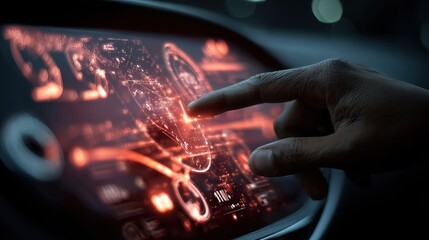 Human finger touching digital screen with futuristic interface display