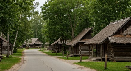 Rustic village path lined with thatched roof wooden cabins
