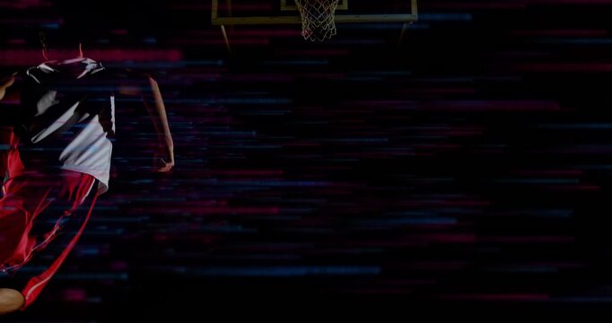 Upon basketball bouncing from glitch backdrop athlete entering court dribbling toward hoop for dunk