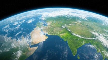 Fototapeta premium Earth from space view of green continents and blue oceans with cloud formations