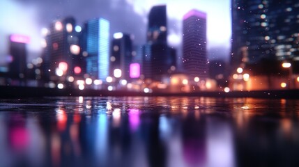 Night cityscape reflection in wet pavement urban lights colorful blurred skyline background