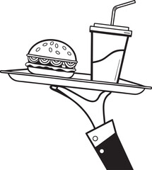 Fast food illustration with icons of drink cans, cups, and kitchen containers in cartoon style