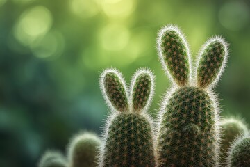 Two bunny-eared cacti in a group, backlit by soft green bokeh.  The foreground is in sharp focus, showing fine details of spines and soft hairs