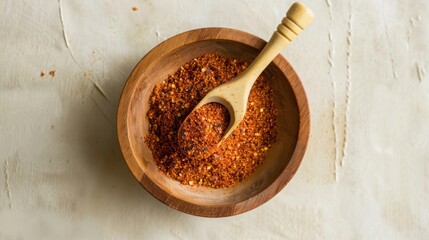 Fototapeta premium Spicy chili powder in wooden bowl with spoon ready for cooking or garnishing dishes