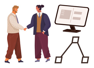 Two colleagues handshake, symbolizing partnership and teamwork, with a computer monitor and flowchart diagram suggesting collaboration, project management, and organizational planning. Ideal