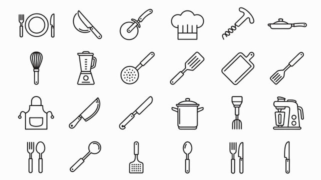 Kitchen utensil and cooking equipment icon set. Vector line art collection of culinary tools for food preparation concepts.