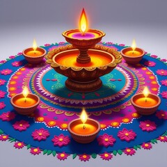 Radiant Diwali Diya Arrangement with Ornate Mandala Art and Vibrant Festive Floral Decor on Colorful Background - AI-Generated