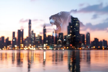 Lion overlay on cityscape at sunset nature and urban landscape integration