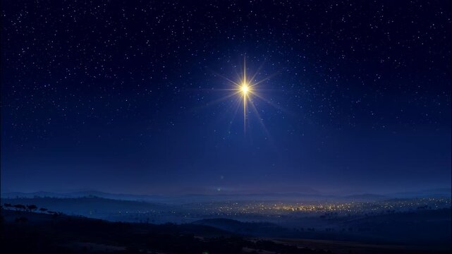 Radiant bethlehem star glowing above peaceful village, highlighting spiritual significance of christmas eve and divine nativity narrative video 4k