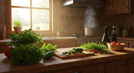 Warm Rustic Kitchen with Fresh Produce and Steaming Pot