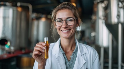 A smiling scientist holds a test tube with yellow liquid in a laboratory setting.