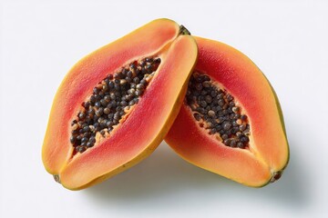 Two papaya halves, vibrant orange flesh, numerous dark seeds, displayed against a stark white background