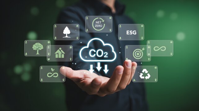 Person presenting co2 cloud and sustainability icons on hand in a green themed virtual interface view