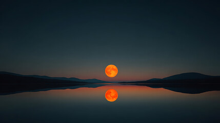 Fiery orb reflected on tranquil water with silhouetted mountains moon orange