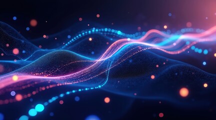Abstract glowing neon waves and particles on a dark background