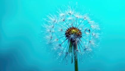 Close up view of a dandelion with dew drops clinging to its delicate seeds against a vibrant blue background