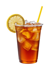 A plastic cup filled with sweet tea, ice cubes, and lemon slices, with a straw, isolated on a transparent background in PNG format.