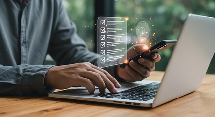 Person using laptop and phone with digital checklist and lock icon