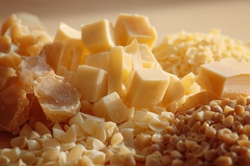 Various forms of natural beeswax in warm light