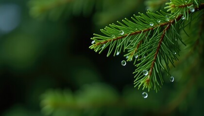 Fototapeta premium Evergreen bough adorned with shimmering droplets, creating a peaceful and refreshing nature scene with lush green hues