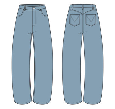 Vector fashion technical drawing of a horseshoe denim jeans with front and back view. Front pockets. Metal button and rivets. Belt loops. Back pockets. Back yoke. Woven fabric. 