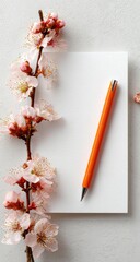 A blank notepad rests on a light gray surface, adorned with a sprig of delicate pink blossoms and an orange pen