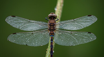 Close-Up Dragonfly Wings with Iridescent Details and Dew