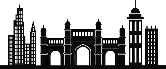 Obraz premium Silhouette of a Cityscape with an Archway Building and Skyscrapers on White Background