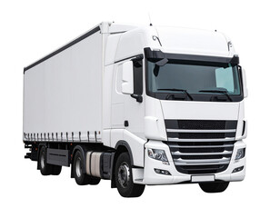 All-White Modern European Semi Truck, Front Side View with Streamlined Cabin, Isolated on White