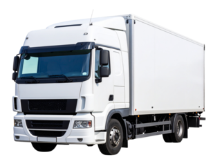 White Box Cargo European Truck with Compact Cabin, Chrome Accents, Front Side Angle, Isolated
