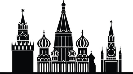 Silhouette of Saint Basil's Cathedral and Kremlin Towers on White Background Moscow
