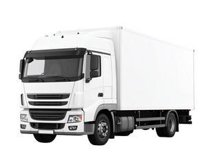 Box-Body White Delivery Truck with Chrome Trim and Large Windshield, Front Side View, White Background
