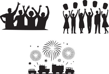 Silhouetted Crowd Joyfully Celebrating with Fireworks and Sky Lanterns Against a Transparent Backdrop